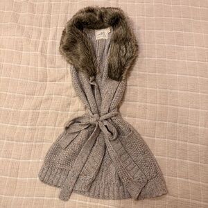 Anthropologie Faux Fur Collar Belted Cable Knit Sweater Vest | Gray